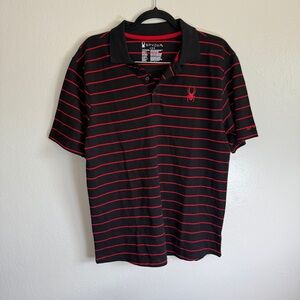 Spyder Polo Shirt Men's Black Red Striped Spider Logo Casual Preppy NWT Large